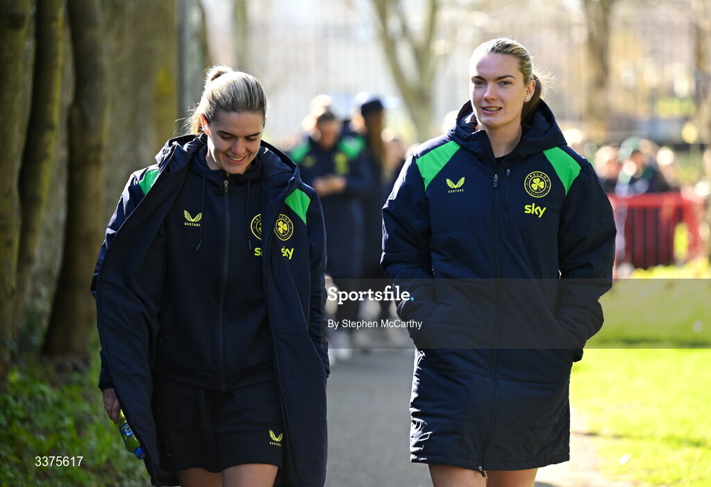 3 March 2026; Republic of Ireland's Saoirse Noonan, right, and Jamie Finn during a team walk near their hotel ahead of the 2027 FIFA Women’s World Cup Qualifier match between Republic of Ireland and France at Tallaght Stadium in Dublin. Photo by Stephen McCarthy/Sportsfile