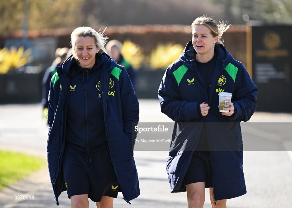 3 March 2026; Republic of Ireland head coach Carla Ward and Ruesha Littlejohn during a team walk near their hotel ahead of the 2027 FIFA Women’s World Cup Qualifier match between Republic of Ireland and France at Tallaght Stadium in Dublin. Photo by Stephen McCarthy/Sportsfile
