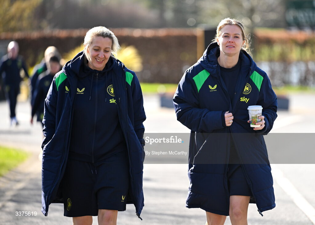 3 March 2026; Republic of Ireland head coach Carla Ward and Ruesha Littlejohn during a team walk near their hotel ahead of the 2027 FIFA Women’s World Cup Qualifier match between Republic of Ireland and France at Tallaght Stadium in Dublin. Photo by Stephen McCarthy/Sportsfile