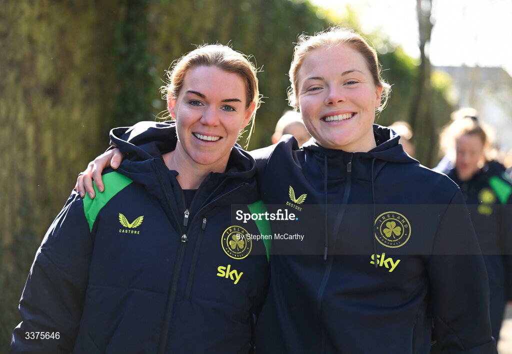 3 March 2026; Republic of Ireland's Aoife Mannion and Emily Murphy during a team walk near their hotel ahead of the 2027 FIFA Women’s World Cup Qualifier match between Republic of Ireland and France at Tallaght Stadium in Dublin. Photo by Stephen McCarthy/Sportsfile