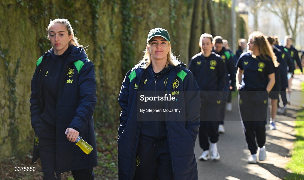 3 March 2026; Republic of Ireland's Denise O’Sullivan and Megan Connolly, left, during a team walk near their hotel ahead of the 2027 FIFA Women’s World Cup Qualifier match between Republic of Ireland and France at Tallaght Stadium in Dublin. Photo by Stephen McCarthy/Sportsfile