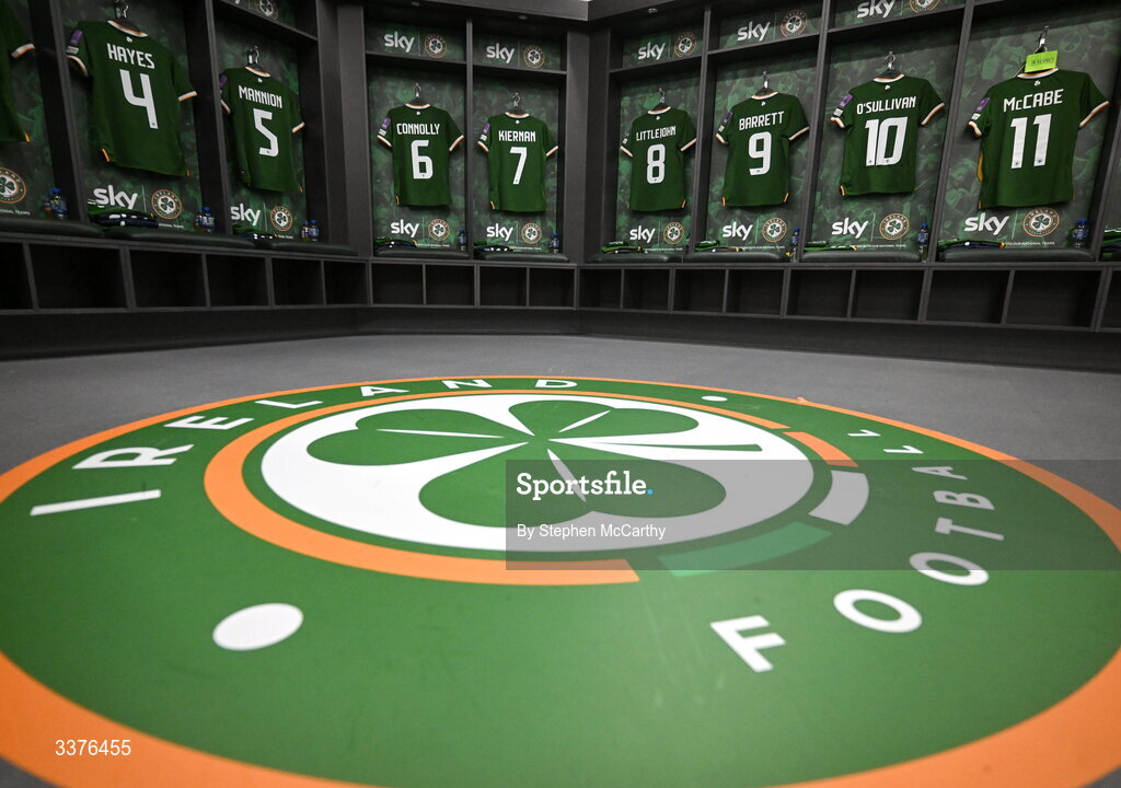 3 March 2026; A general view inside the Republic of Ireland dressing room before the 2027 FIFA Women’s World Cup Qualifier match between Republic of Ireland and France at Tallaght Stadium in Dublin. Photo by Stephen McCarthy/Sportsfile