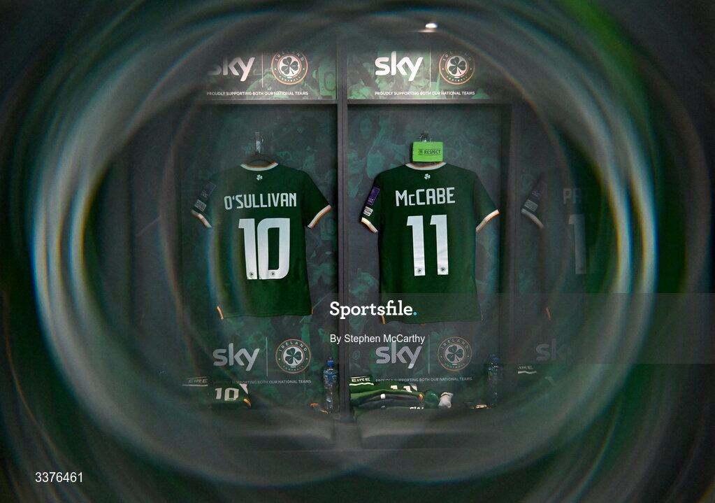3 March 2026; (EDITOR'S NOTE; This image was created using a special effects camera filter) The jerseys of Denise O'Sullivan and Katie McCabe of Republic of Ireland are seen in the dressing room before the 2027 FIFA Women’s World Cup Qualifier match between Republic of Ireland and France at Tallaght Stadium in Dublin. Photo by Stephen McCarthy/Sportsfile