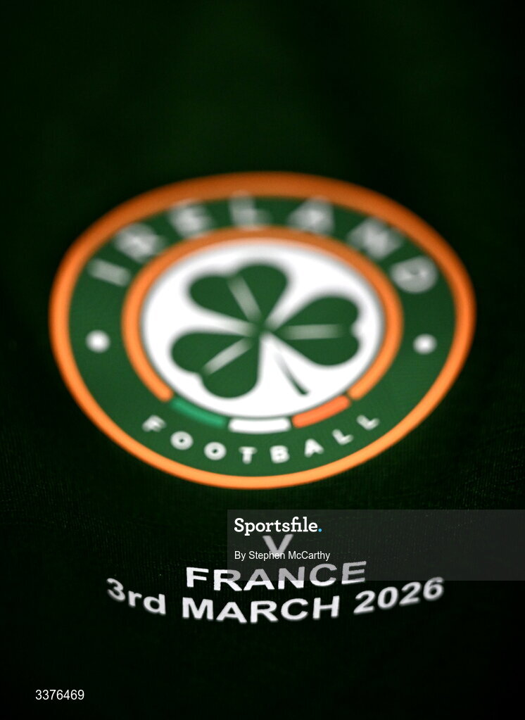 3 March 2026; A detailed view of an Republic of Ireland jersey in the dressing room before the 2027 FIFA Women’s World Cup Qualifier match between Republic of Ireland and France at Tallaght Stadium in Dublin. Photo by Stephen McCarthy/Sportsfile