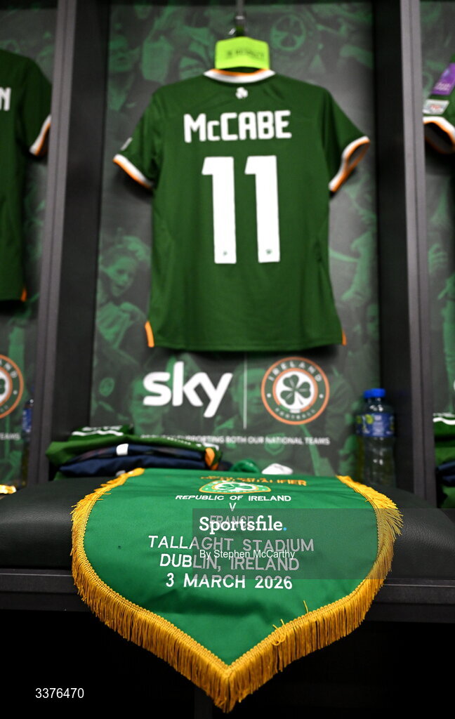 3 March 2026; The Republic of Ireland match pennant is seen in the dressing room before the 2027 FIFA Women’s World Cup Qualifier match between Republic of Ireland and France at Tallaght Stadium in Dublin. Photo by Stephen McCarthy/Sportsfile