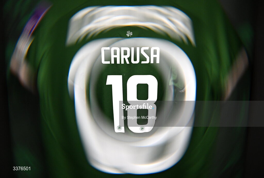 3 March 2026; (EDITOR'S NOTE; This image was created using a special effects camera filter) The jersey of Republic of Ireland player Kyra Carusa is seen in the dressing room before the 2027 FIFA Women’s World Cup Qualifier match between Republic of Ireland and France at Tallaght Stadium in Dublin. Photo by Stephen McCarthy/Sportsfile