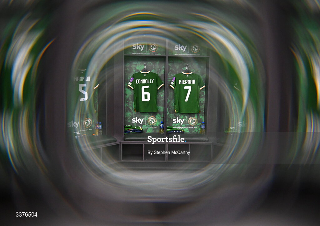 3 March 2026; (EDITOR'S NOTE; This image was created using a special effects camera filter) The jerseys of Republic of Ireland players Megan Connolly and Leanne Kiernan are seen in the dressing room before the 2027 FIFA Women’s World Cup Qualifier match between Republic of Ireland and France at Tallaght Stadium in Dublin. Photo by Stephen McCarthy/Sportsfile