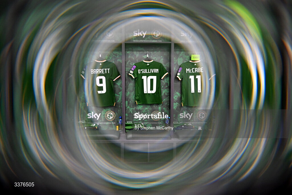 3 March 2026; (EDITOR'S NOTE; This image was created using a special effects camera filter) The jerseys of Republic of Ireland players Amber Barrett, Denise O'Sullivan and Katie McCabe are seen in the dressing room before the 2027 FIFA Women’s World Cup Qualifier match between Republic of Ireland and France at Tallaght Stadium in Dublin. Photo by Stephen McCarthy/Sportsfile