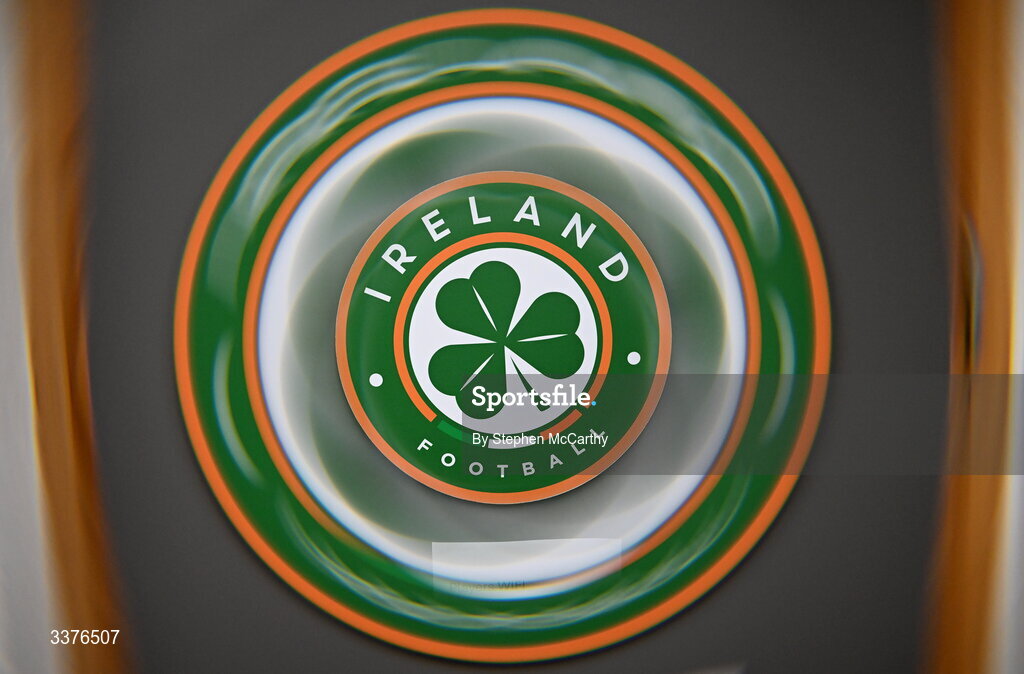 3 March 2026; (EDITOR'S NOTE; This image was created using a special effects camera filter) A general view of an Republic of Ireland badge in the dressing room before the 2027 FIFA Women’s World Cup Qualifier match between Republic of Ireland and France at Tallaght Stadium in Dublin. Photo by Stephen McCarthy/Sportsfile