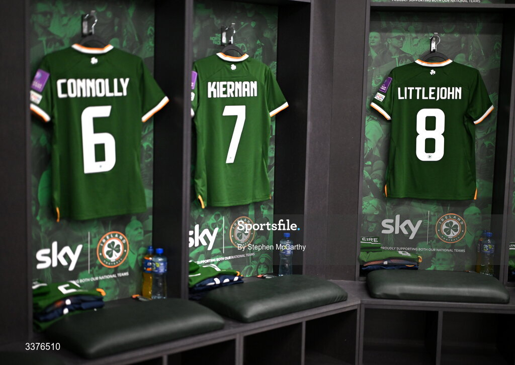 3 March 2026; The jerseys of Republic of Ireland players Megan Connolly, Leanne Kiernan and Ruesha Littlejohn are seen in the dressing room before the 2027 FIFA Women’s World Cup Qualifier match between Republic of Ireland and France at Tallaght Stadium in Dublin. Photo by Stephen McCarthy/Sportsfile