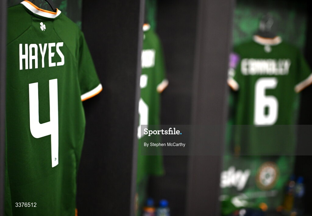 3 March 2026; The jerseys of Republic of Ireland players including Caitlin Hayes are seen in the dressing room before the 2027 FIFA Women’s World Cup Qualifier match between Republic of Ireland and France at Tallaght Stadium in Dublin. Photo by Stephen McCarthy/Sportsfile