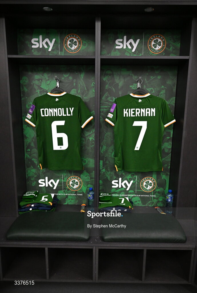 3 March 2026; The jerseys of Republic of Ireland players Megan Connolly and Leanne Kiernan are seen in the dressing room before the 2027 FIFA Women’s World Cup Qualifier match between Republic of Ireland and France at Tallaght Stadium in Dublin. Photo by Stephen McCarthy/Sportsfile