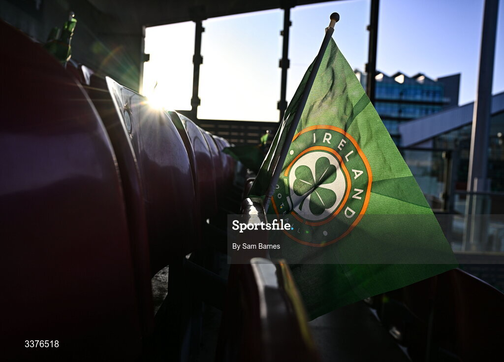 3 March 2026; A Republic of Ireland flag is seen in the stand before the 2027 FIFA Women’s World Cup Qualifier match between Republic of Ireland and France at Tallaght Stadium in Dublin. Photo by Sam Barnes/Sportsfile