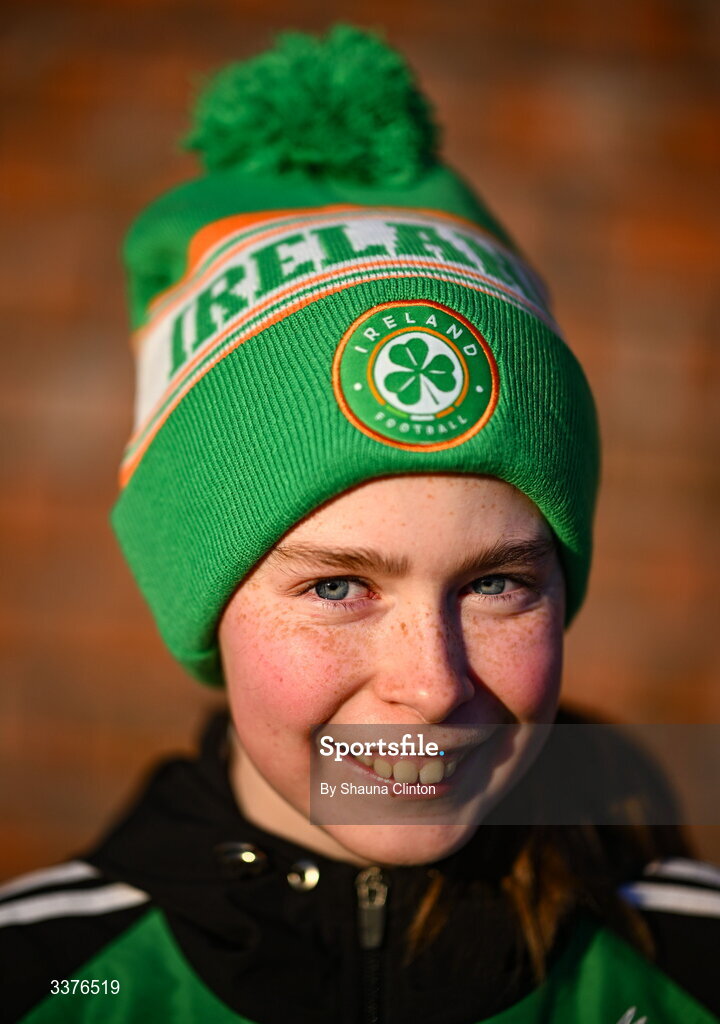 3 March 2026; Republic of Ireland supporter Lea McGonigle from Donegal before the 2027 FIFA Women’s World Cup Qualifier match between Republic of Ireland and France at Tallaght Stadium in Dublin. Photo by Shauna Clinton/Sportsfile