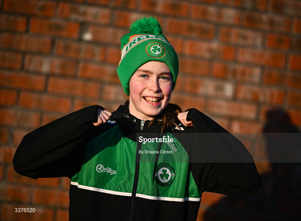3 March 2026; Republic of Ireland supporter Lea McGonigle from Donegal before the 2027 FIFA Women’s World Cup Qualifier match between Republic of Ireland and France at Tallaght Stadium in Dublin. Photo by Shauna Clinton/Sportsfile