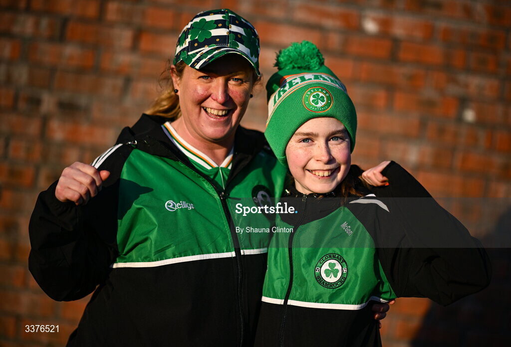 3 March 2026; Republic of Ireland supporters Sheena, left, and Lea McGonigle from Donegal before the 2027 FIFA Women’s World Cup Qualifier match between Republic of Ireland and France at Tallaght Stadium in Dublin. Photo by Shauna Clinton/Sportsfile