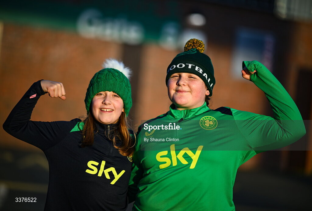 3 March 2026; Republic of Ireland supporters Ava Malone, left, and Olivia Griffin, from Clare, before the 2027 FIFA Women’s World Cup Qualifier match between Republic of Ireland and France at Tallaght Stadium in Dublin. Photo by Shauna Clinton/Sportsfile
