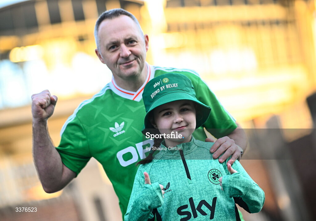 3 March 2026; Republic of Ireland supporters JJ and Orlaith Flemming, from Cork, before the 2027 FIFA Women’s World Cup Qualifier match between Republic of Ireland and France at Tallaght Stadium in Dublin. Photo by Shauna Clinton/Sportsfile
