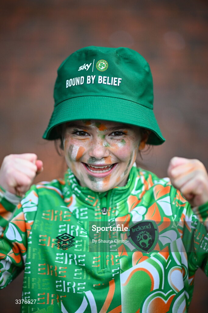 3 March 2026; Republic of Ireland supporter Ruby Griffin, from Galway, before the 2027 FIFA Women’s World Cup Qualifier match between Republic of Ireland and France at Tallaght Stadium in Dublin. Photo by Shauna Clinton/Sportsfile