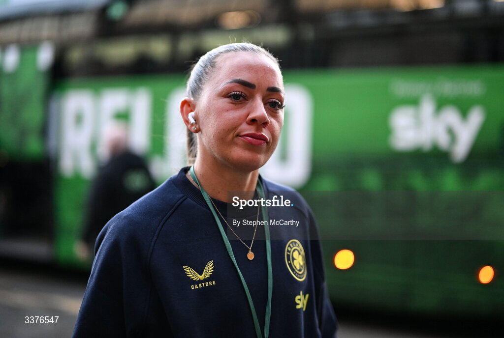 3 March 2026; Katie McCabe of Republic of Ireland arrives for the 2027 FIFA Women’s World Cup Qualifier match between Republic of Ireland and France at Tallaght Stadium in Dublin. Photo by Stephen McCarthy/Sportsfile