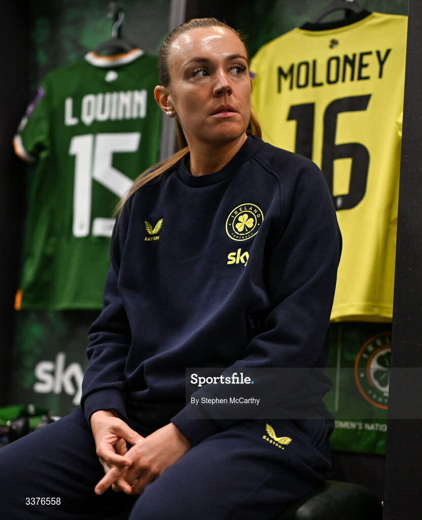 3 March 2026; Republic of Ireland goalkeeper Grace Moloney in the dressing room before the 2027 FIFA Women’s World Cup Qualifier match between Republic of Ireland and France at Tallaght Stadium in Dublin. Photo by Stephen McCarthy/Sportsfile