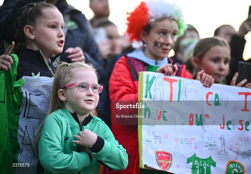 3 March 2026; Republic of Ireland supporters before the 2027 FIFA Women’s World Cup Qualifier match between Republic of Ireland and France at Tallaght Stadium in Dublin. Photo by Shauna Clinton/Sportsfile