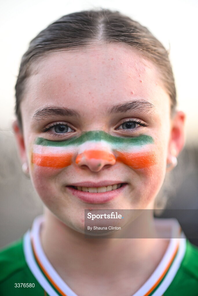 3 March 2026; Republic of Ireland supporter Saoirse Ryan before the 2027 FIFA Women’s World Cup Qualifier match between Republic of Ireland and France at Tallaght Stadium in Dublin. Photo by Shauna Clinton/Sportsfile