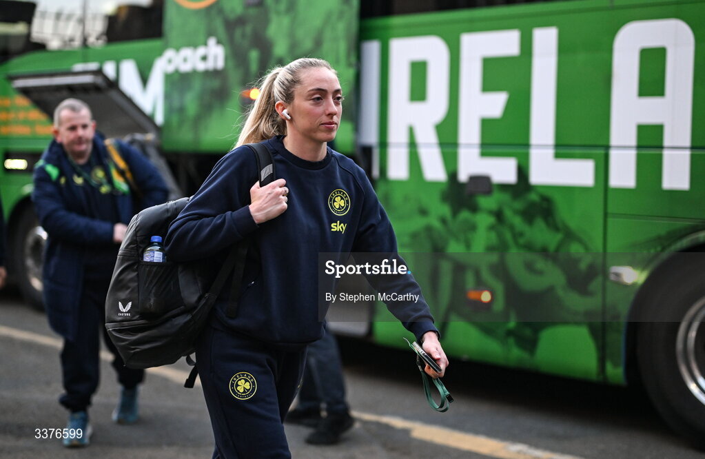 3 March 2026; Megan Connolly of Republic of Ireland arrives for the 2027 FIFA Women’s World Cup Qualifier match between Republic of Ireland and France at Tallaght Stadium in Dublin. Photo by Stephen McCarthy/Sportsfile
