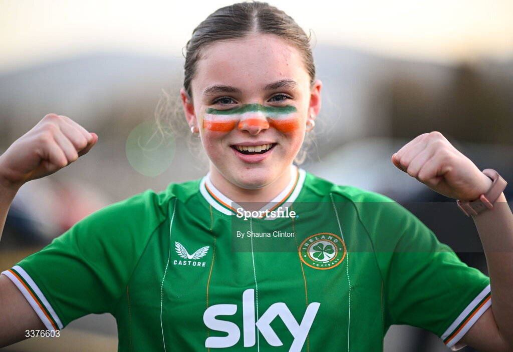 3 March 2026; Republic of Ireland supporter Saoirse Ryan before the 2027 FIFA Women’s World Cup Qualifier match between Republic of Ireland and France at Tallaght Stadium in Dublin. Photo by Shauna Clinton/Sportsfile