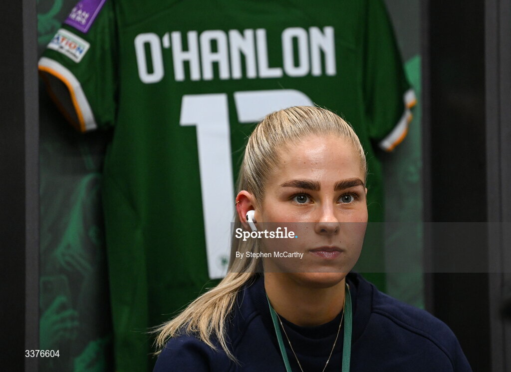 3 March 2026; Tara O'Hanlon of Republic of Ireland in the dressing room before the 2027 FIFA Women’s World Cup Qualifier match between Republic of Ireland and France at Tallaght Stadium in Dublin. Photo by Stephen McCarthy/Sportsfile