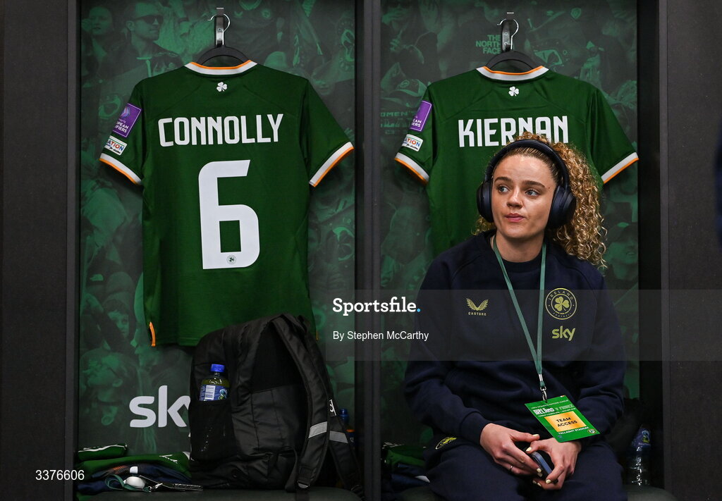 3 March 2026; Leanne Kiernan of Republic of Ireland in the dressing room before the 2027 FIFA Women’s World Cup Qualifier match between Republic of Ireland and France at Tallaght Stadium in Dublin. Photo by Stephen McCarthy/Sportsfile