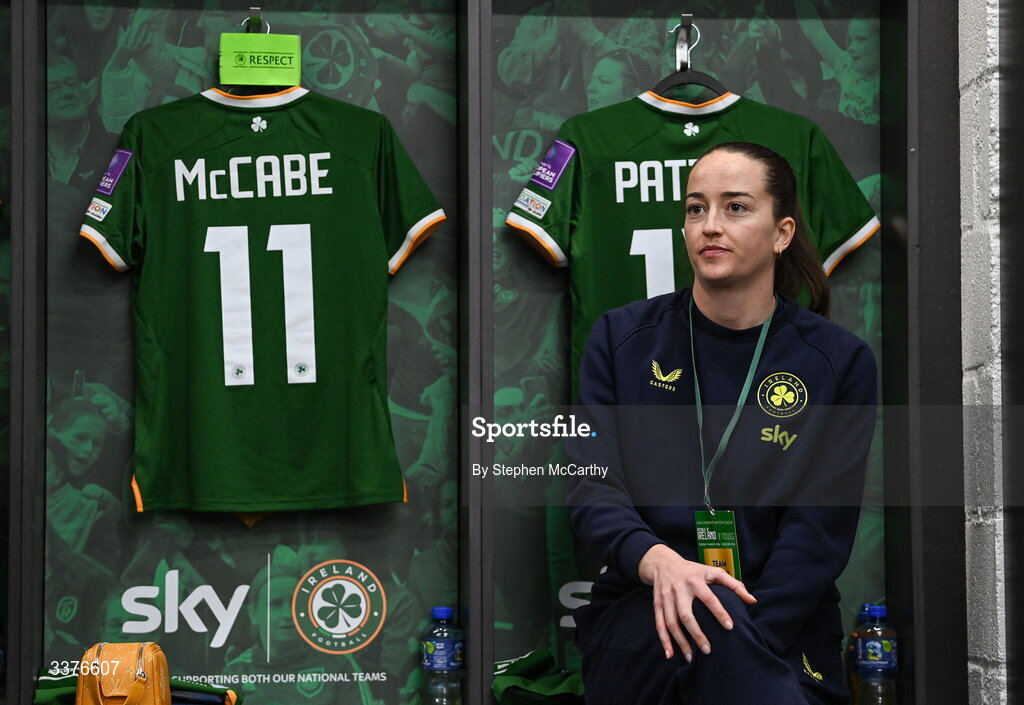 3 March 2026; Anna Patten of Republic of Ireland in the dressing room before the 2027 FIFA Women’s World Cup Qualifier match between Republic of Ireland and France at Tallaght Stadium in Dublin. Photo by Stephen McCarthy/Sportsfile