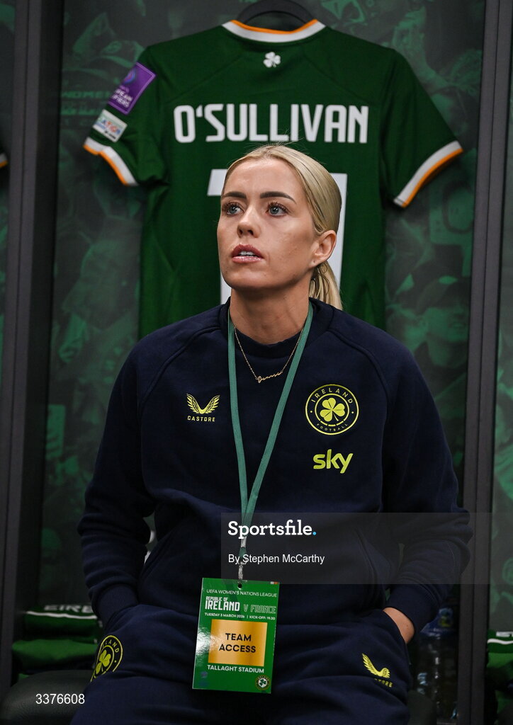 3 March 2026; Denise O’Sullivan of Republic of Ireland in the dressing room before the 2027 FIFA Women’s World Cup Qualifier match between Republic of Ireland and France at Tallaght Stadium in Dublin. Photo by Stephen McCarthy/Sportsfile
