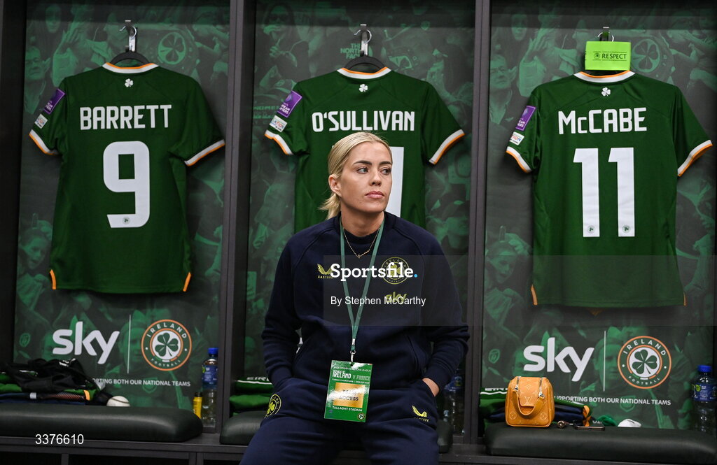 3 March 2026; Denise O’Sullivan of Republic of Ireland in the dressing room before the 2027 FIFA Women’s World Cup Qualifier match between Republic of Ireland and France at Tallaght Stadium in Dublin. Photo by Stephen McCarthy/Sportsfile