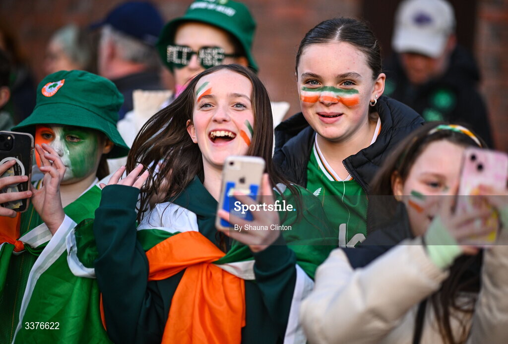 3 March 2026; Republic of Ireland supporters before the 2027 FIFA Women’s World Cup Qualifier match between Republic of Ireland and France at Tallaght Stadium in Dublin. Photo by Shauna Clinton/Sportsfile