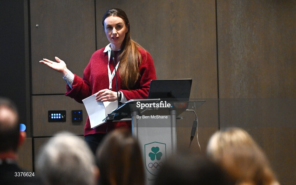 4 March 2026; Chair of the Athletes Commission Aifric Keogh during an Olympic Federation of Ireland members event at the Clayton Hotel, Cardiff Lane in Dublin. Photo by Ben McShane/Sportsfile