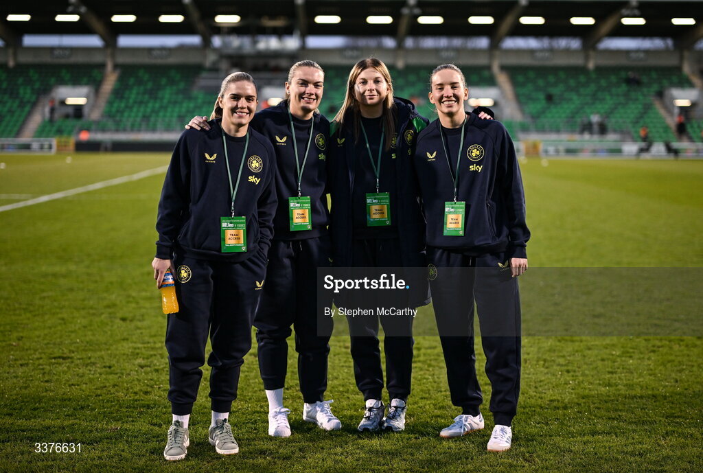 3 March 2026; Republic of Ireland players, from left, Jamie Finn, Saoirse Noonan, Hayley Nolan and Sophie Whitehouse before the 2027 FIFA Women’s World Cup Qualifier match between Republic of Ireland and France at Tallaght Stadium in Dublin. Photo by Stephen McCarthy/Sportsfile