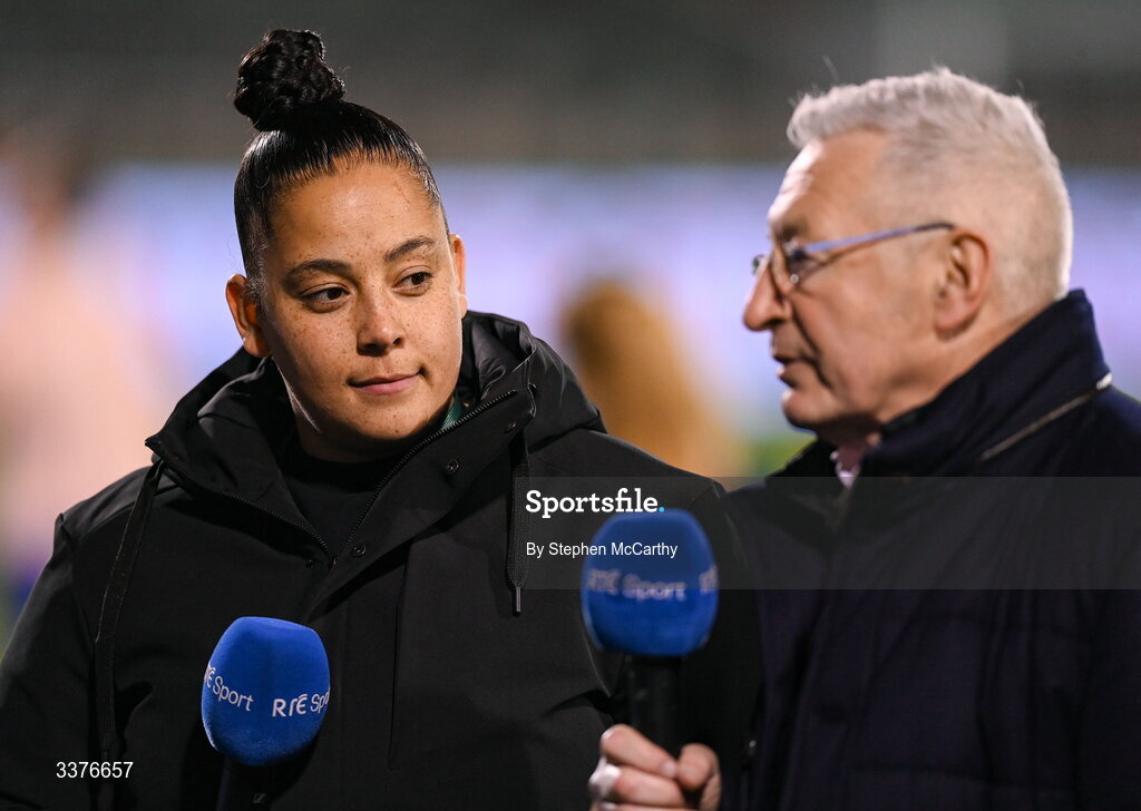 3 March 2026; For Republic of Ireland international Rianna Jarrett and RTÉ's Tony O'Donoghue before the 2027 FIFA Women’s World Cup Qualifier match between Republic of Ireland and France at Tallaght Stadium in Dublin. Photo by Stephen McCarthy/Sportsfile
