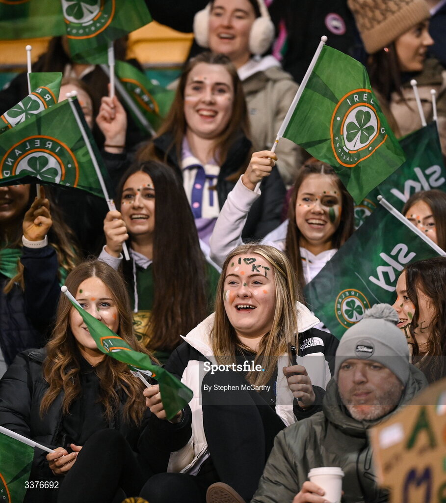 3 March 2026; Republic of Ireland supporters before the 2027 FIFA Women’s World Cup Qualifier match between Republic of Ireland and France at Tallaght Stadium in Dublin. Photo by Stephen McCarthy/Sportsfile