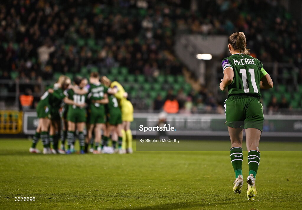 3 March 2026; Katie McCabe of Republic of Ireland runs to the team huddle before the 2027 FIFA Women’s World Cup Qualifier match between Republic of Ireland and France at Tallaght Stadium in Dublin. Photo by Stephen McCarthy/Sportsfile
