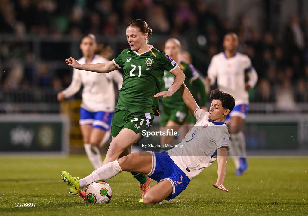 3 March 2026; Emily Murphy of Republic of Ireland is tackled by Elisa De Almeida of France during the 2027 FIFA Women’s World Cup Qualifier match between Republic of Ireland and France at Tallaght Stadium in Dublin. Photo by Stephen McCarthy/Sportsfile