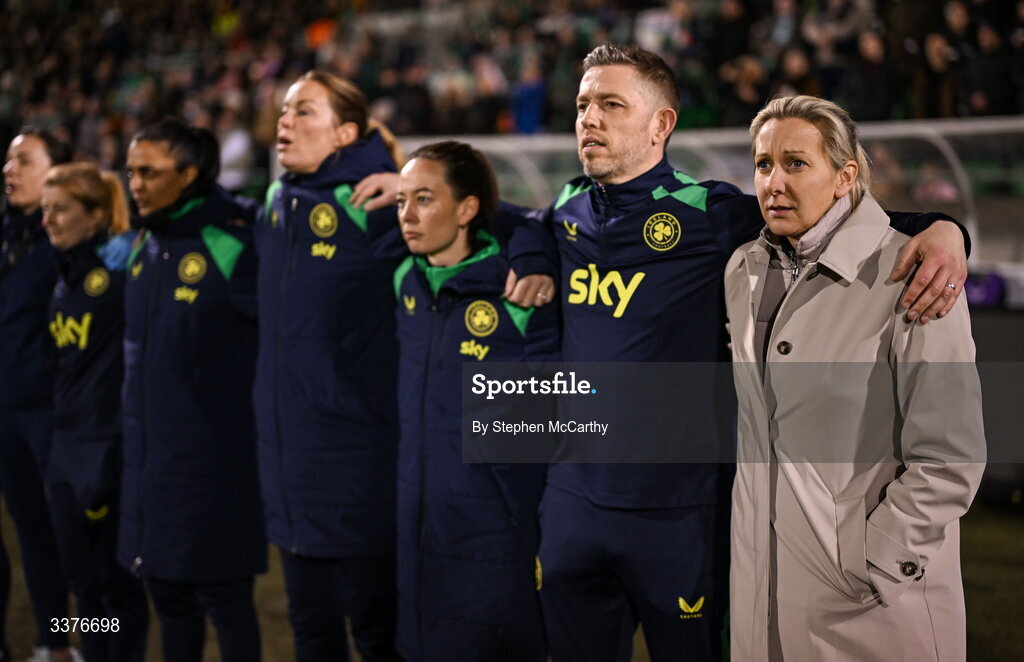 3 March 2026; Republic of Ireland head coach Carla Ward and backroom staff line up for the national anthems before the 2027 FIFA Women’s World Cup Qualifier match between Republic of Ireland and France at Tallaght Stadium in Dublin. Photo by Stephen McCarthy/Sportsfile
