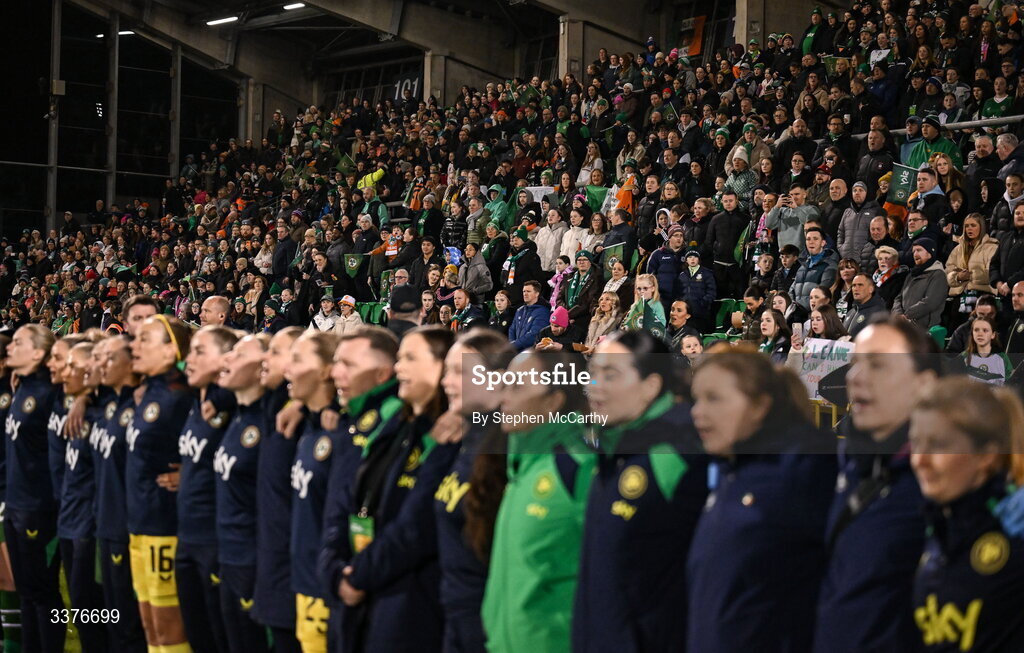 3 March 2026; Republic of Ireland supporters before the 2027 FIFA Women’s World Cup Qualifier match between Republic of Ireland and France at Tallaght Stadium in Dublin. Photo by Stephen McCarthy/Sportsfile