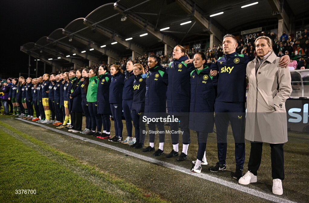 3 March 2026; Republic of Ireland head coach Carla Ward and backroom staff line up for the national anthems before the 2027 FIFA Women’s World Cup Qualifier match between Republic of Ireland and France at Tallaght Stadium in Dublin. Photo by Stephen McCarthy/Sportsfile
