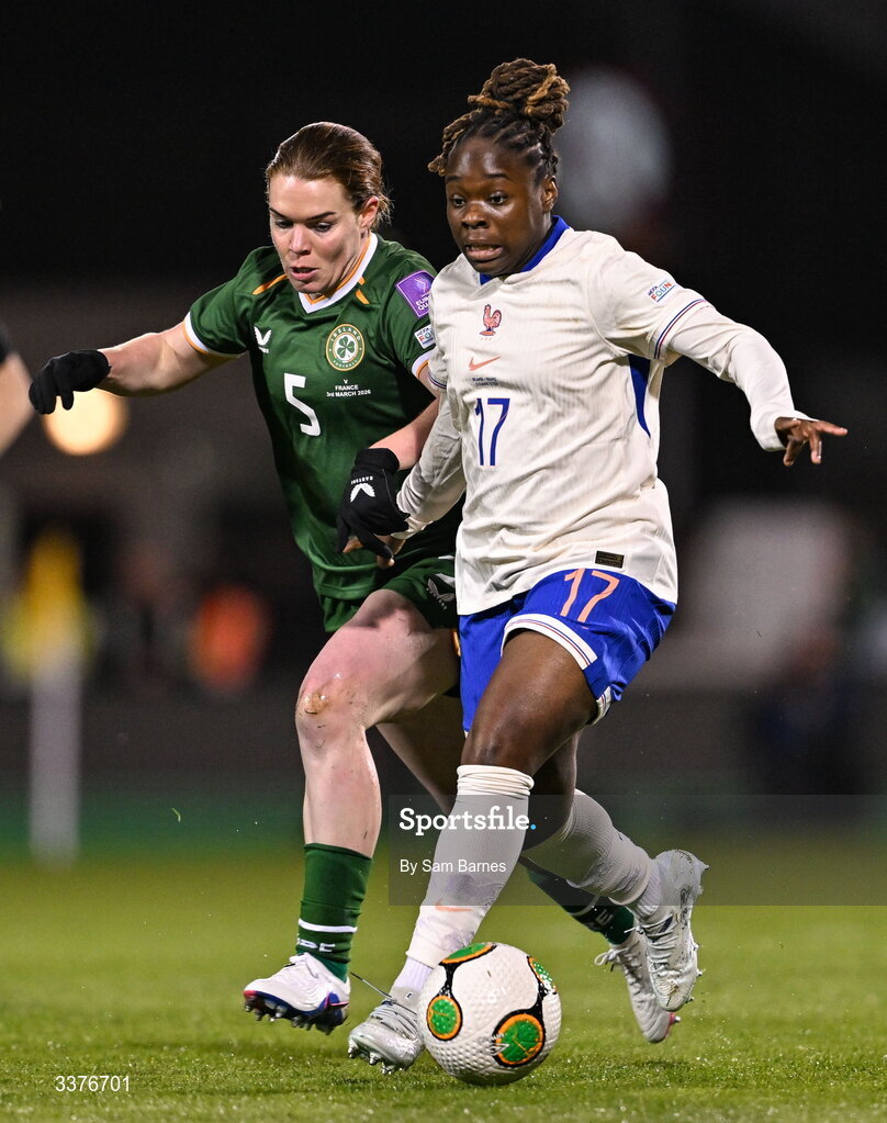 3 March 2026; Sandy Baltimore of France in action against Aoife Mannion of Republic of Ireland during the 2027 FIFA Women’s World Cup Qualifier match between Republic of Ireland and France at Tallaght Stadium in Dublin. Photo by Sam Barnes/Sportsfile