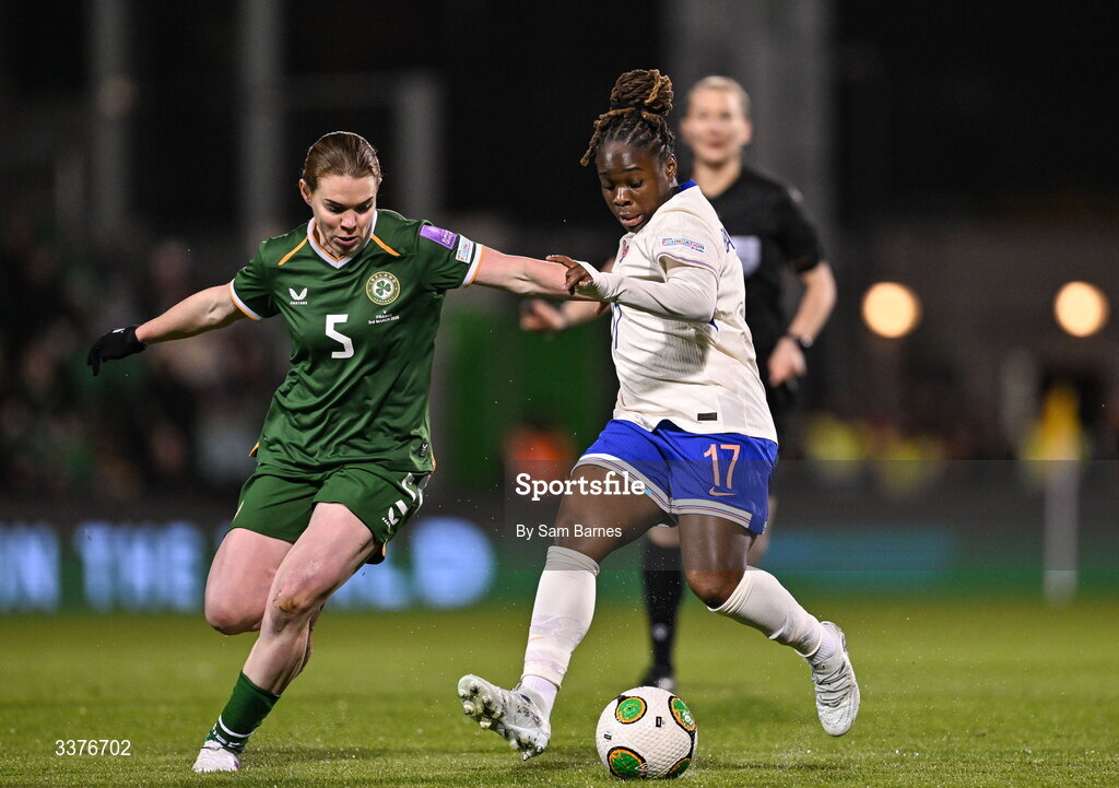 3 March 2026; Sandy Baltimore of France in action against Aoife Mannion of Republic of Ireland during the 2027 FIFA Women’s World Cup Qualifier match between Republic of Ireland and France at Tallaght Stadium in Dublin. Photo by Sam Barnes/Sportsfile