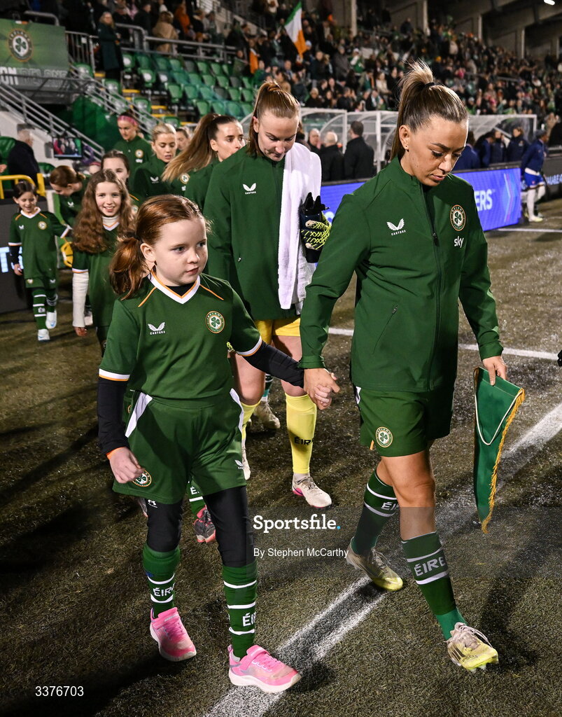 3 March 2026; Katie McCabe of Republic of Ireland walks out before the 2027 FIFA Women’s World Cup Qualifier match between Republic of Ireland and France at Tallaght Stadium in Dublin. Photo by Stephen McCarthy/Sportsfile