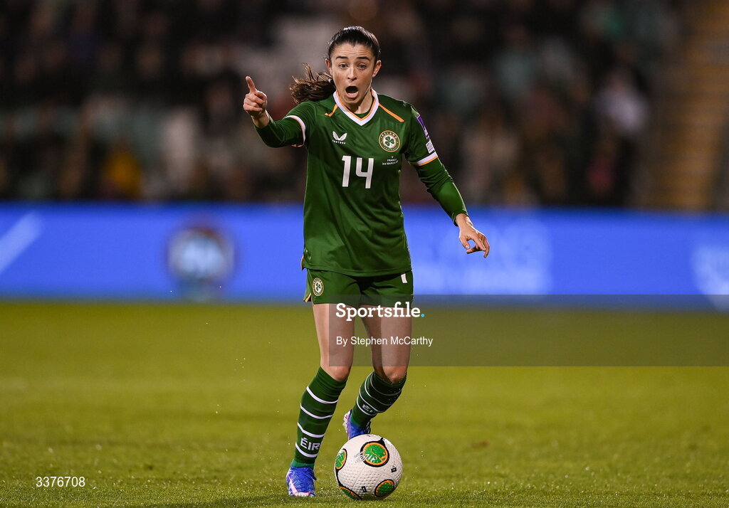3 March 2026; Marissa Sheva of Republic of Ireland during the 2027 FIFA Women’s World Cup Qualifier match between Republic of Ireland and France at Tallaght Stadium in Dublin. Photo by Stephen McCarthy/Sportsfile