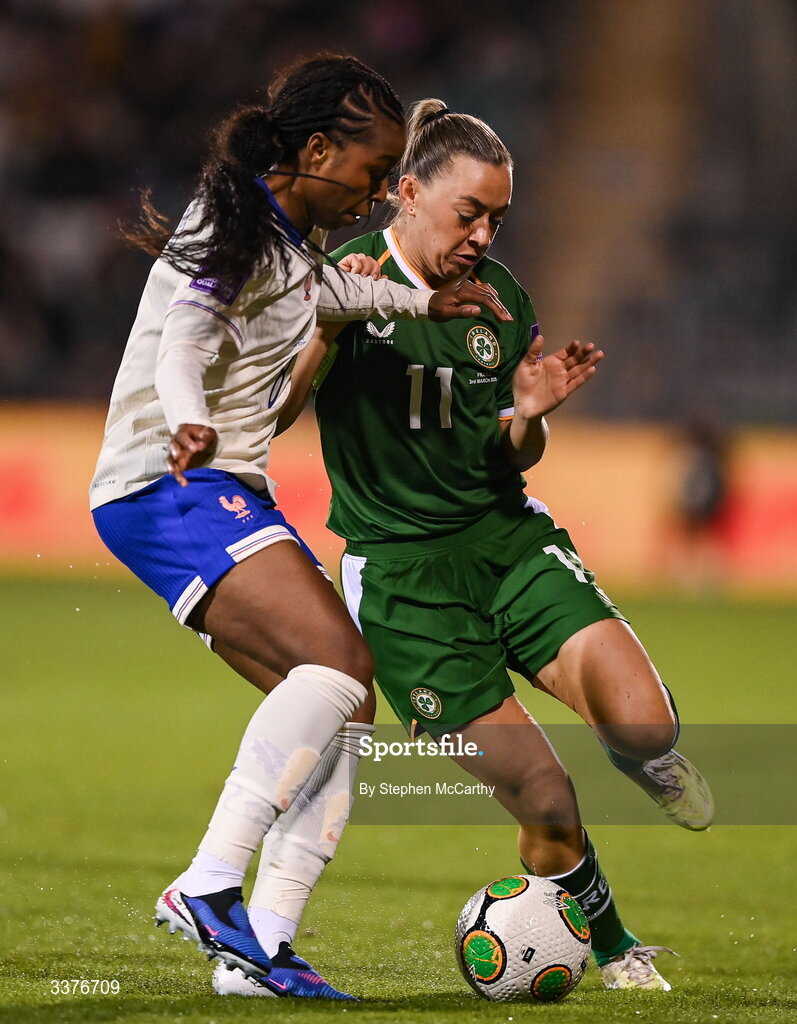 3 March 2026; Katie McCabe of Republic of Ireland in action against Grace Geyoro of France during the 2027 FIFA Women’s World Cup Qualifier match between Republic of Ireland and France at Tallaght Stadium in Dublin. Photo by Stephen McCarthy/Sportsfile