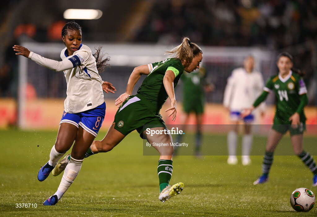 3 March 2026; Katie McCabe of Republic of Ireland in action against Grace Geyoro of France during the 2027 FIFA Women’s World Cup Qualifier match between Republic of Ireland and France at Tallaght Stadium in Dublin. Photo by Stephen McCarthy/Sportsfile